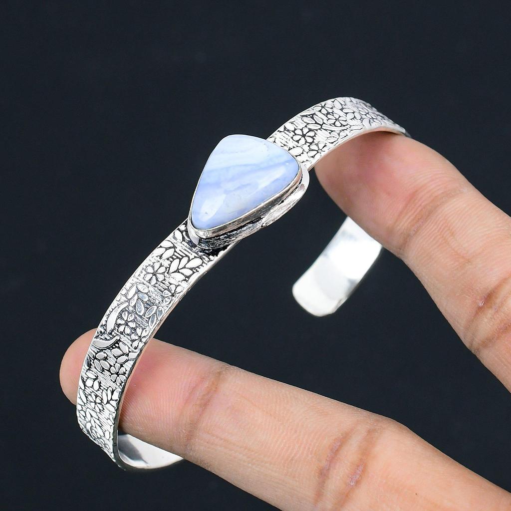 Daughters Day Sale 925 Sterling Silver Blue Lace Agate Stone Engagement Bangle