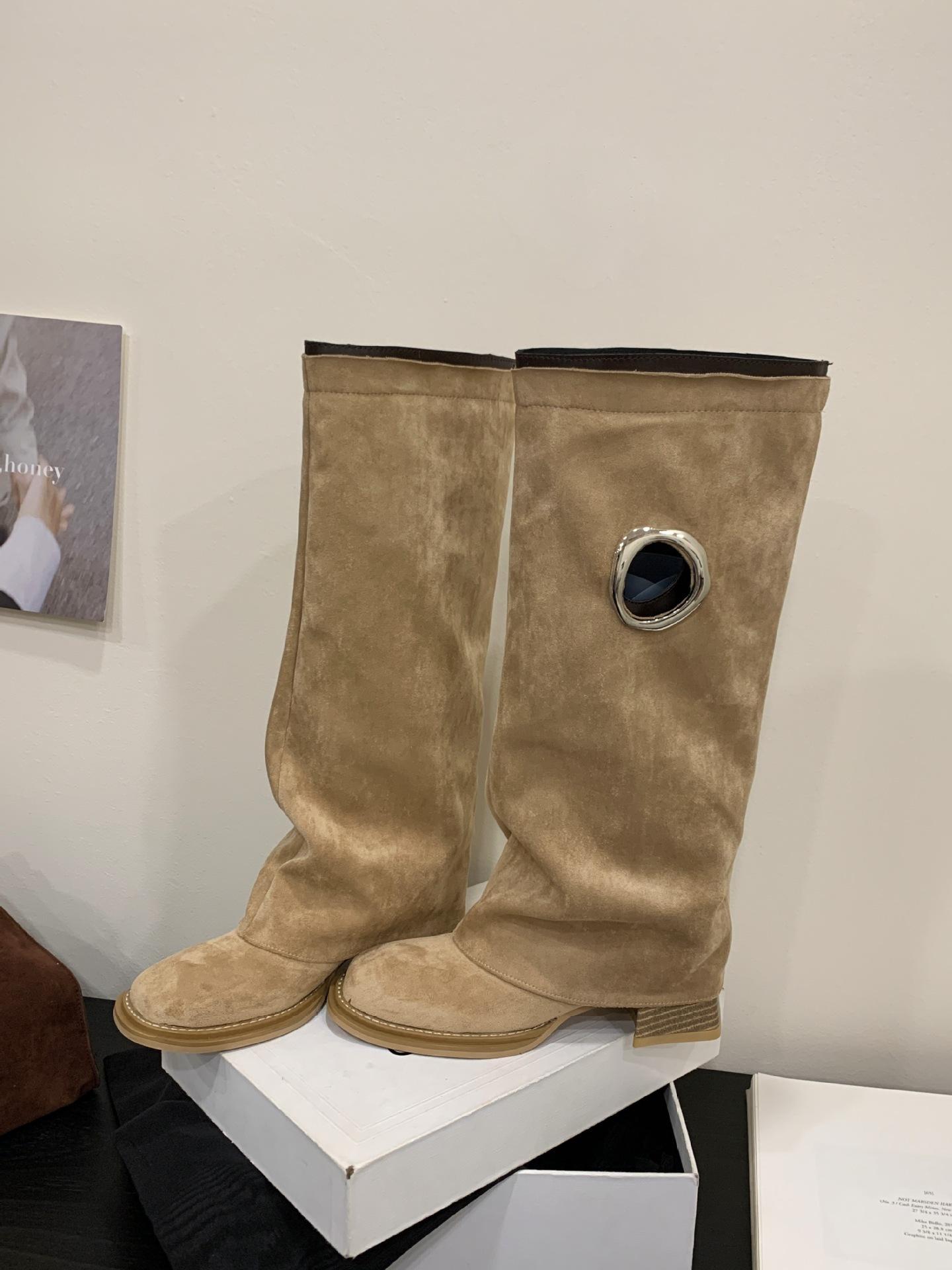 

2025 autumn and winter retro square head western cowboy boots thick heel trouser boots niche design long boots 39 хаки