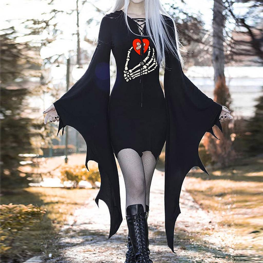 Medieval Vampire Cosplay Costume Women Sexy Slim Gothic Black Dress Vintage Bat Sleeve Witch Halloween Carnival Party Dresses