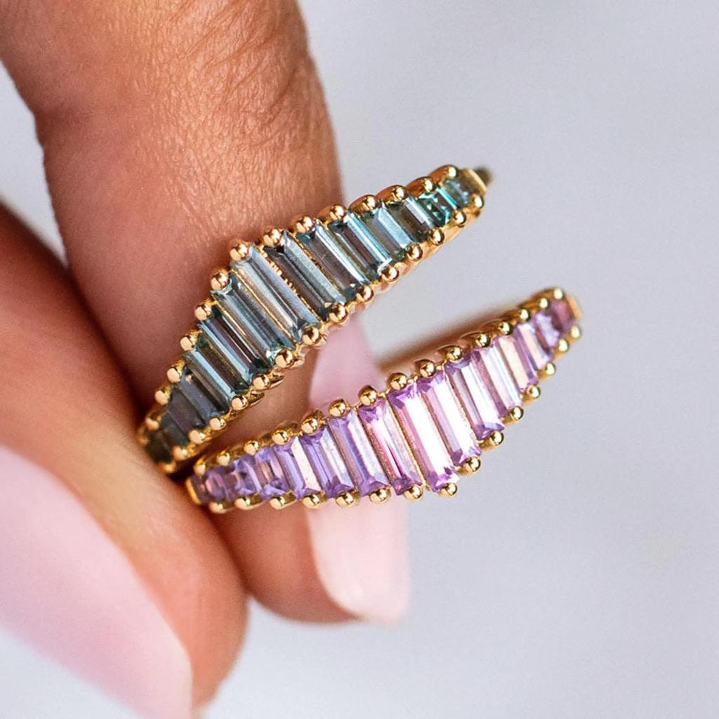 Amethyst Chevron Band – Gold Plated V-Shaped Baguette Cut Ring, Purple Gemstone Stacking Wedding Band, Anniversary Gift for Women