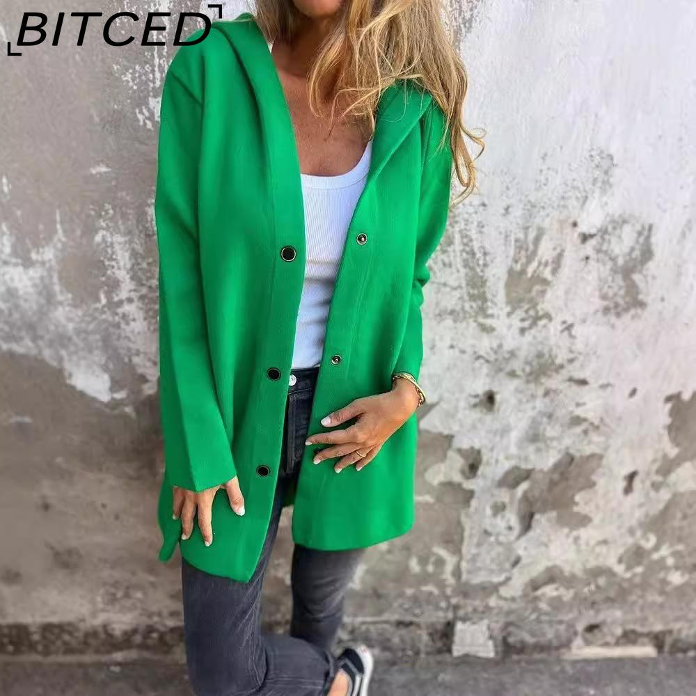 

BITCED Women s Autumn/Winter Solid-Colour Casual Single-Breasted Hooded Jacket XXXXXL зелений