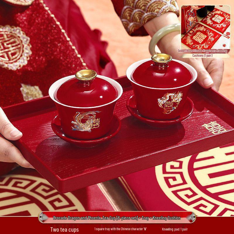 Red Festive Gaiwan and Chopsticks Wedding Tea Set - Pair of Bowls for Sons and Grandsons