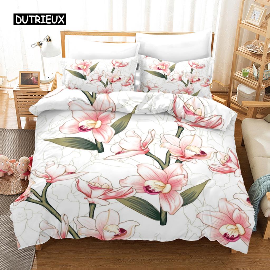 Bettbezug-Set mit Blumenmuster, tropisches Bettwäsche-Set mit Blumenmuster, tropische Blumen und Blätter für Kinder und Teenager, Polyester, Doppelbett, Queensize-Bett, Kingsize-Bettbezug