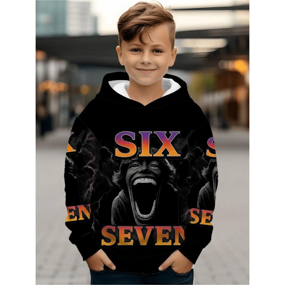 Huiteng1 Meme 67 Patroon Hoodie voor Jongen Casual Ronde Hals Korte Mouwen Hoodie Comfortabel Trendy Street Lange Mouw Kinderkleding 140