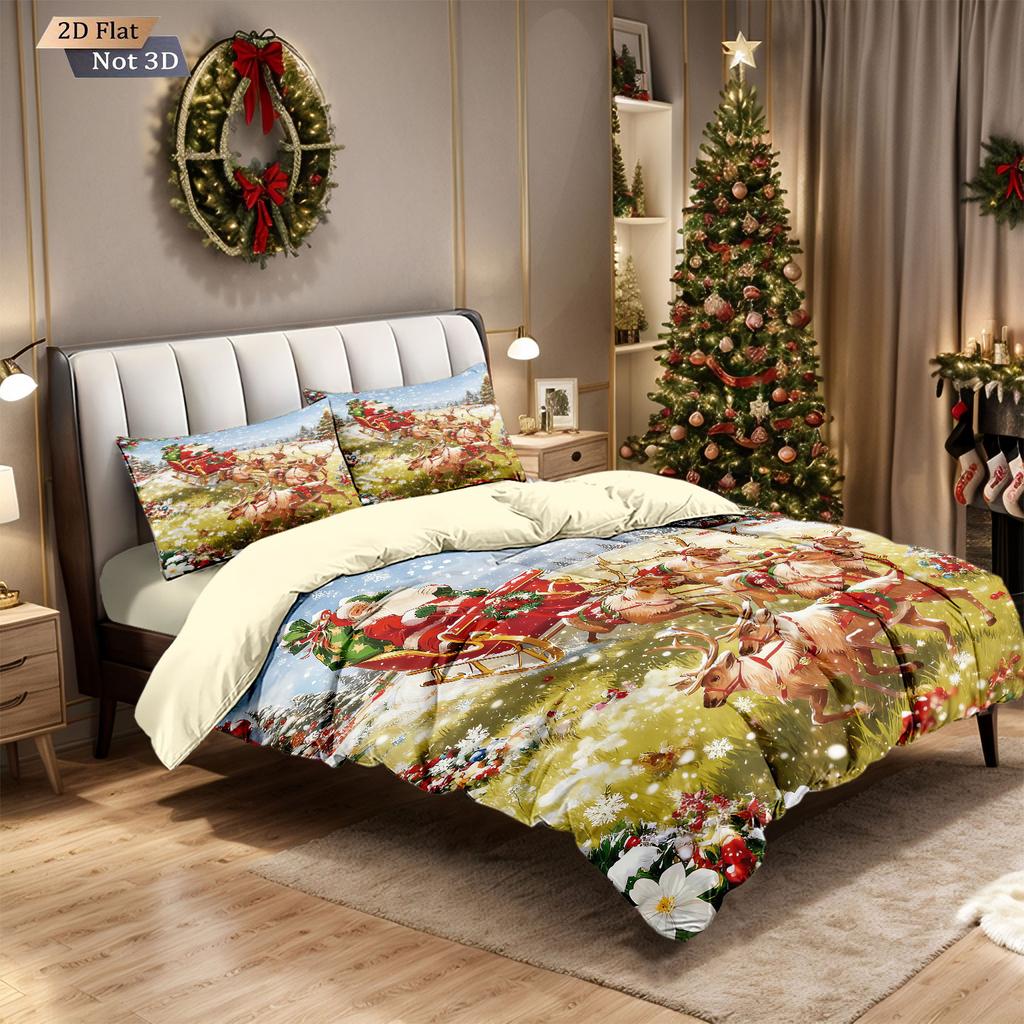 3pcs Christmas Reindeer Print Coreless Duvet Cover Set Multi Size Soft Bedroom Bedding Holiday Decoration Machine Washable