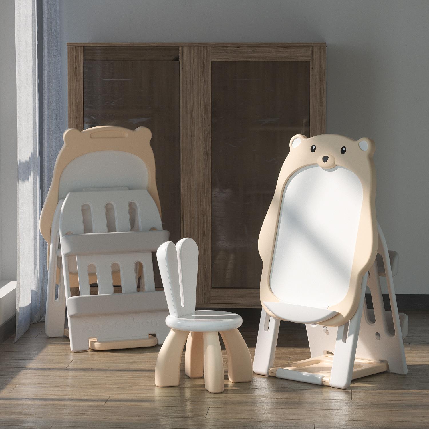 

3-в-1 детский складной мольберт, регулируемая магнитная доска для сухого стирания с книжной полкой и стульчиком для малышей, складной рабочий стол, удобное хранение розовый