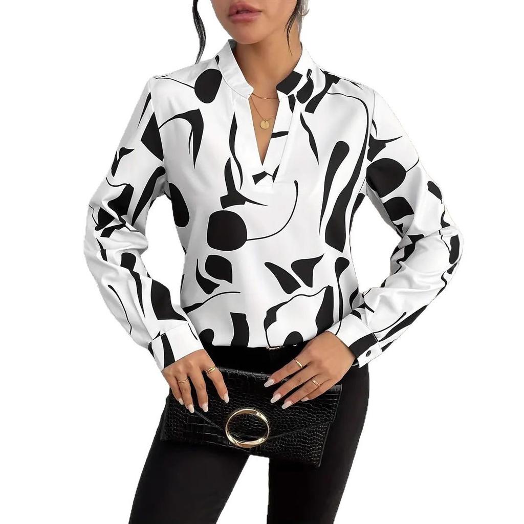 Women's V Neck Long Sleeve Loose Fit Blouse Abstract Pattern Casual Shirt