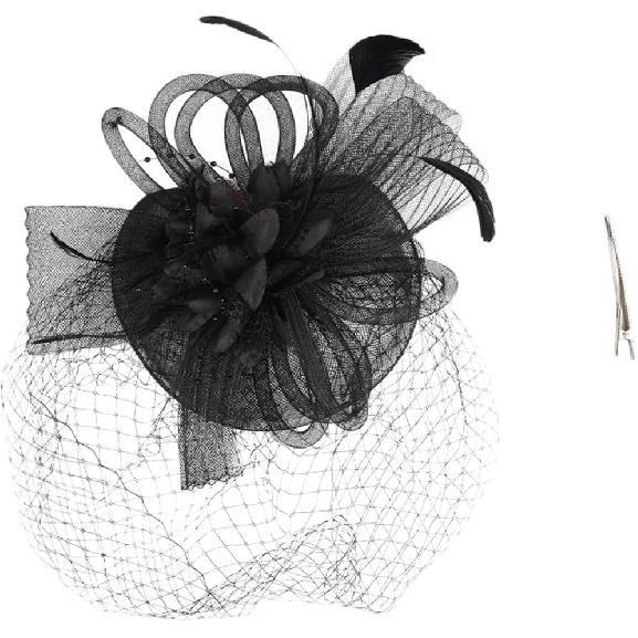 Decorative Hat with Floral Accent and Mesh for Women, Black Cocktail Tea Party Headpiece Hair Clip, Wedding Special Occasion Accessory