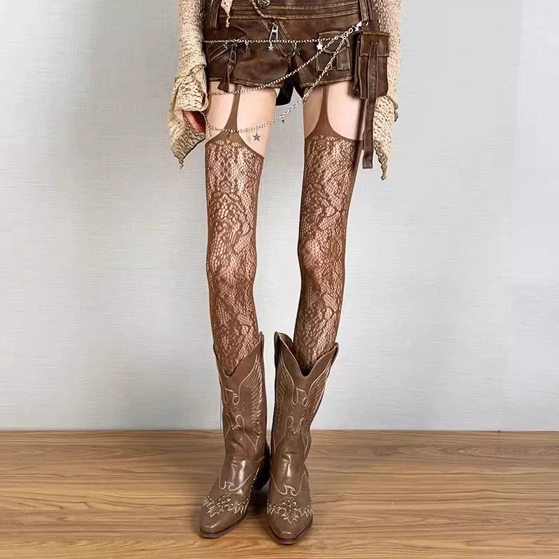 Neue Damen Sexy Durchsichtige Netz-Strumpfhose mit Strumpfhaltern Strumpfhalter Strumpfhose Ausgeschnittenes Blumenmuster Oberschenkelhohe Strümpfe gray
