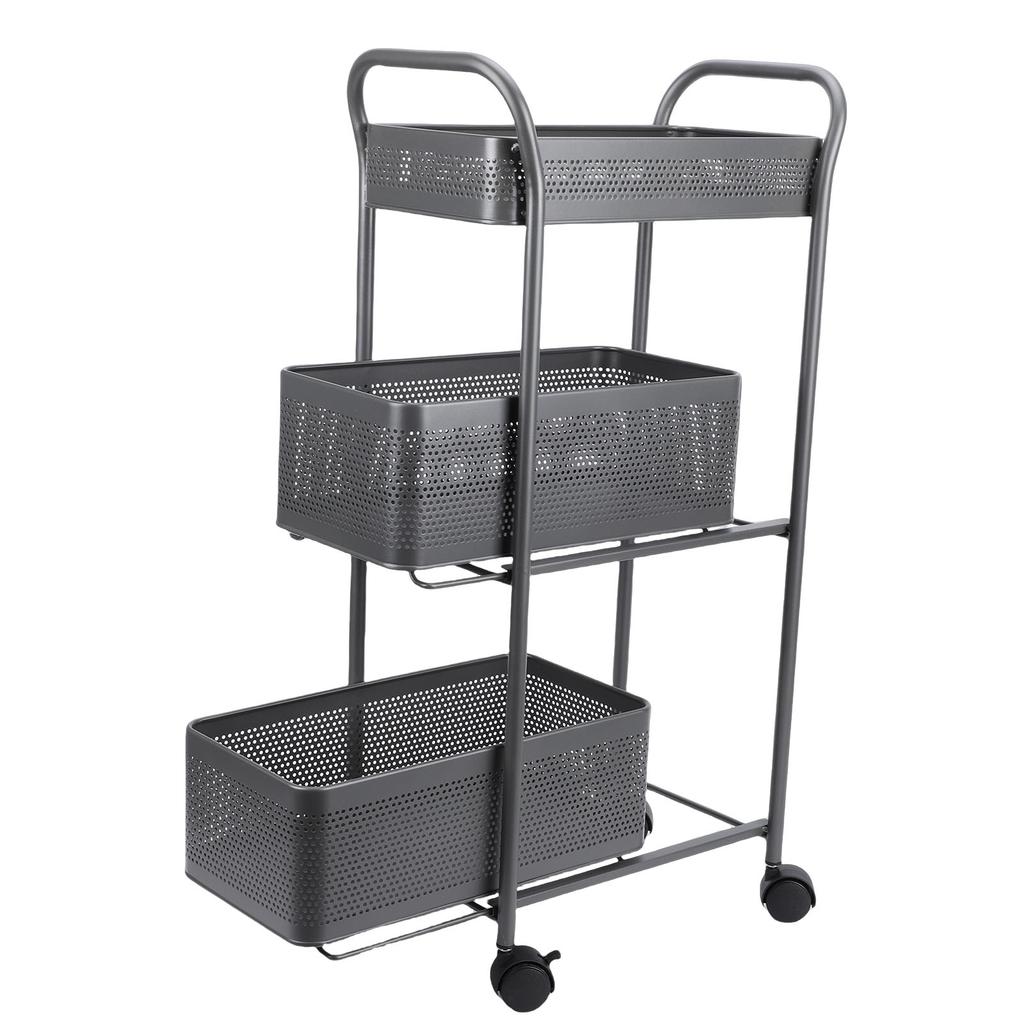 3 Tier Rolling Cart, Hvy Duty Steel Utility Cart with Sliding Mesh Basket and 4 Wheels, for Kitchen, Bathroom, Bedside, Laundry Room
