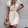 Women's Summer Dress, Spring and Summer Solid Color Short Sleeve Lace V-neck Waist-fitted Dress Casual Drawstring Waist Vacation Dress