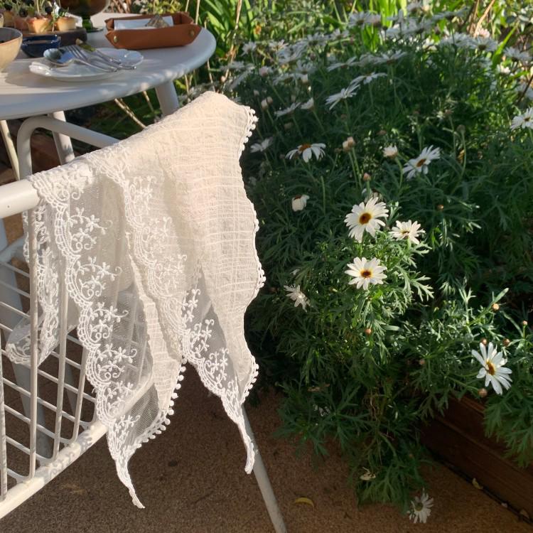 Beige Floral French Lace Triangle Scarf: Versatile Headscarf, Hairband, or Bag Accessory
