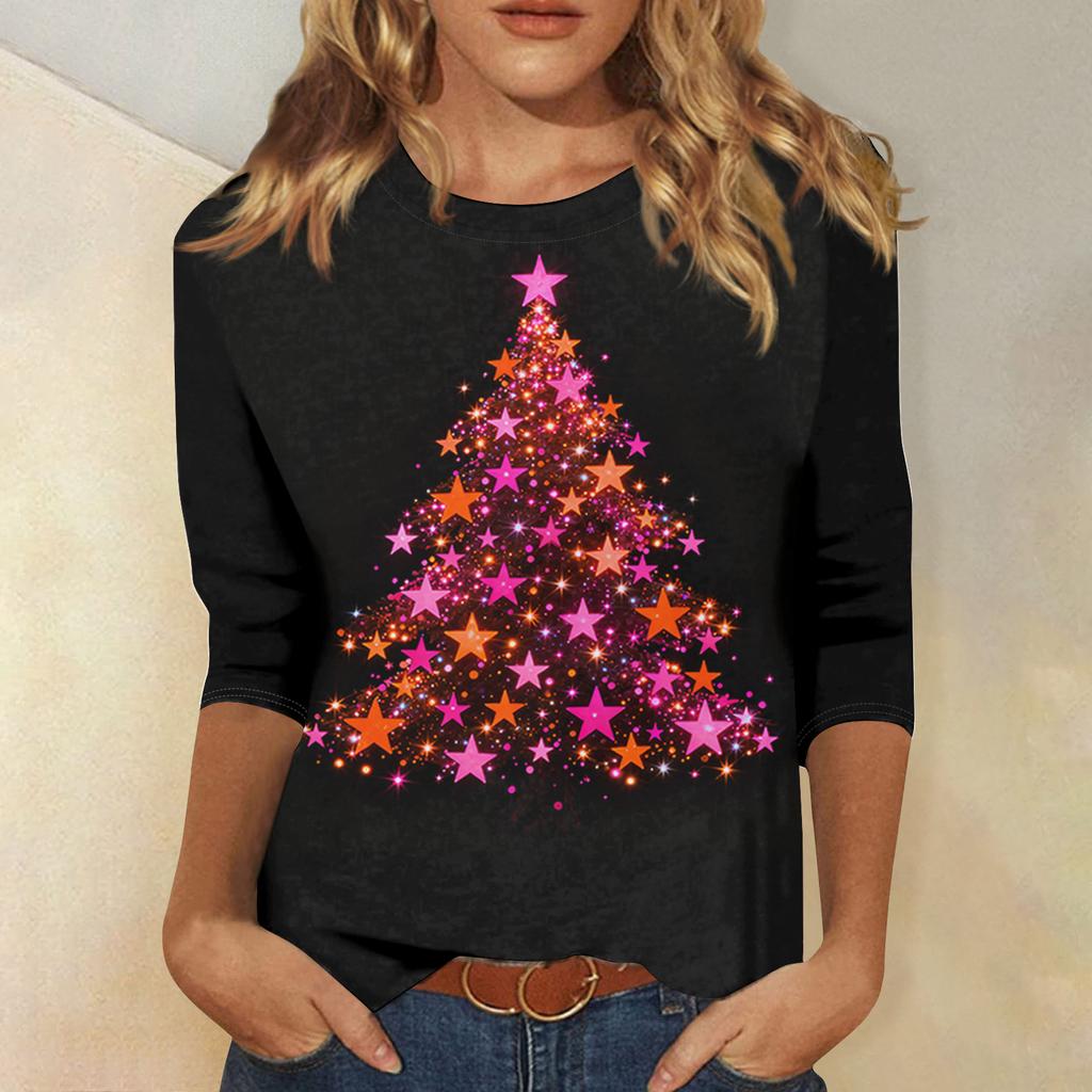 Dames Losse Comfortabele Casual Mode V-Hals Kerstprint Lange Mouw Hoodie