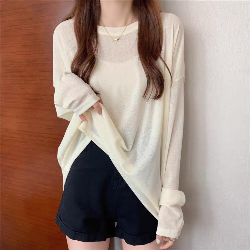 Summer Solid Long Sleeve T-shirts Women's Casual Loose Thin Slightly Transparent Sun Protection Cover Tops Tees Female