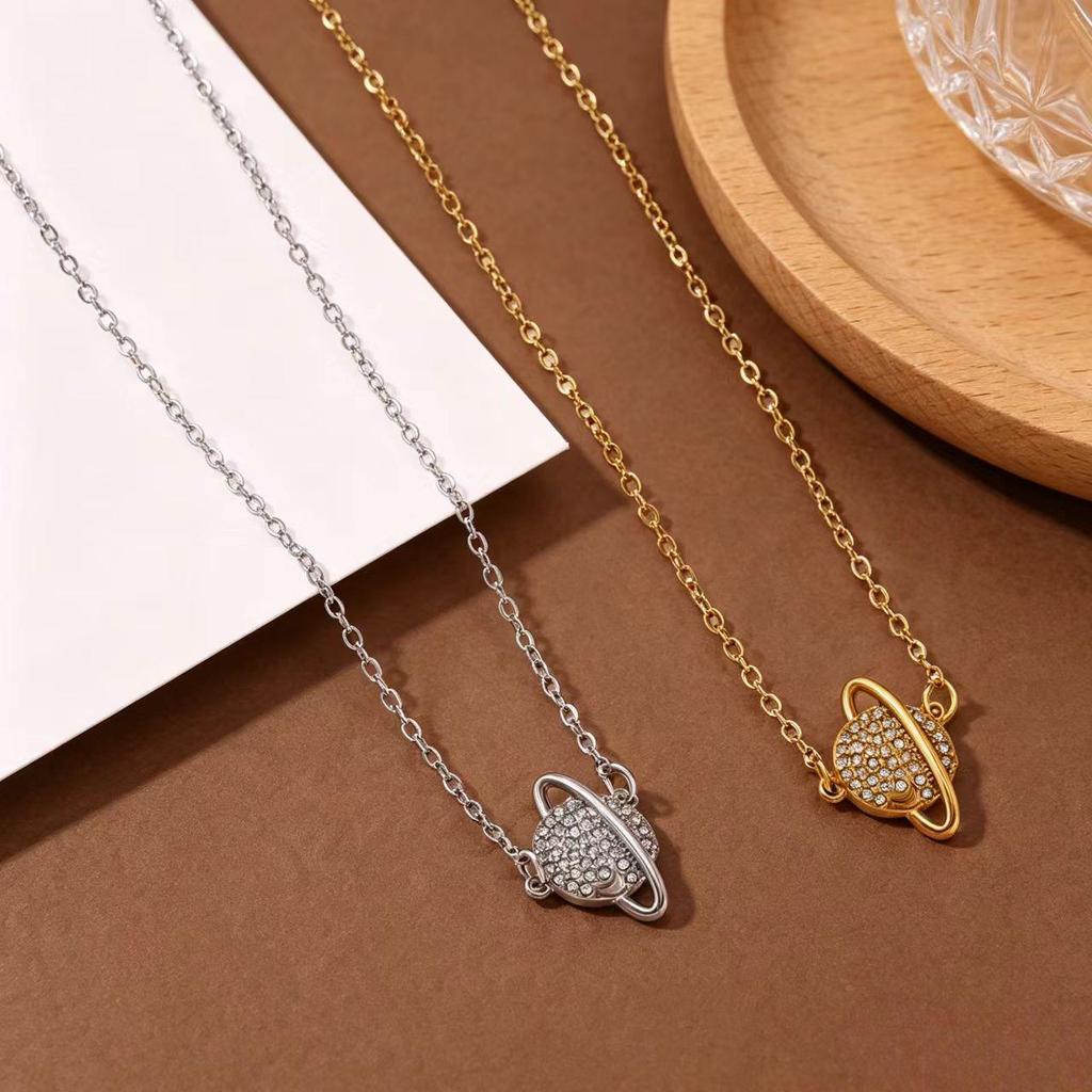 Light Luxury Full Diamond Planet Titanium Steel Necklace: Niche Design Pendant for Women