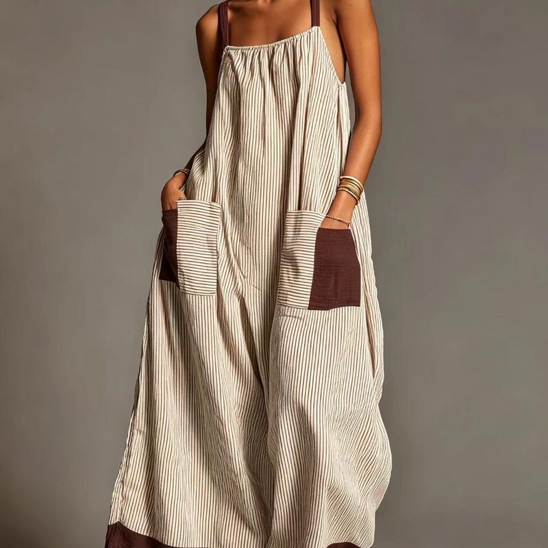 Women's Striped Spaghetti Strap Maxi Dress Summer Vacation Sleeveless Tie Waist Long Dress