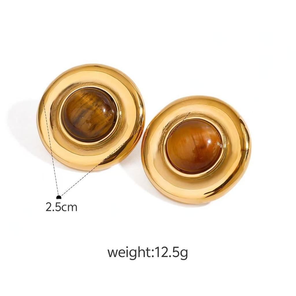 Titanium Steel Tiger's Eye Stone Stud Earrings Light Luxury High-end Autumn and Winter Earrings Do Not Fade 18k Gold Titanium Steel Jewelry 2026