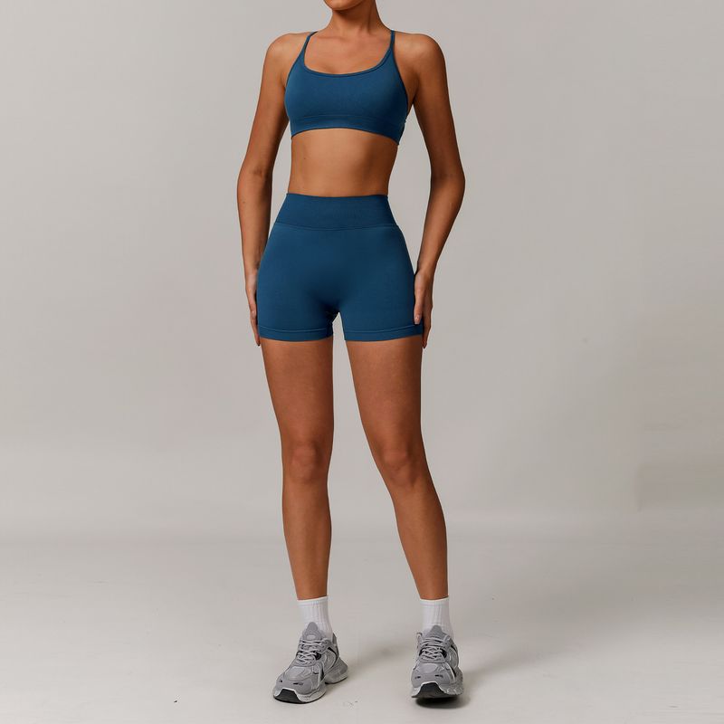 

Guangzhou Zechuang Clothing Co., Ltd. European and American Seam Beauty Back Yoga Clothes Set Running Quick-Drying Tight Sports Health 7137 bra +7137 shorts navy blue XL