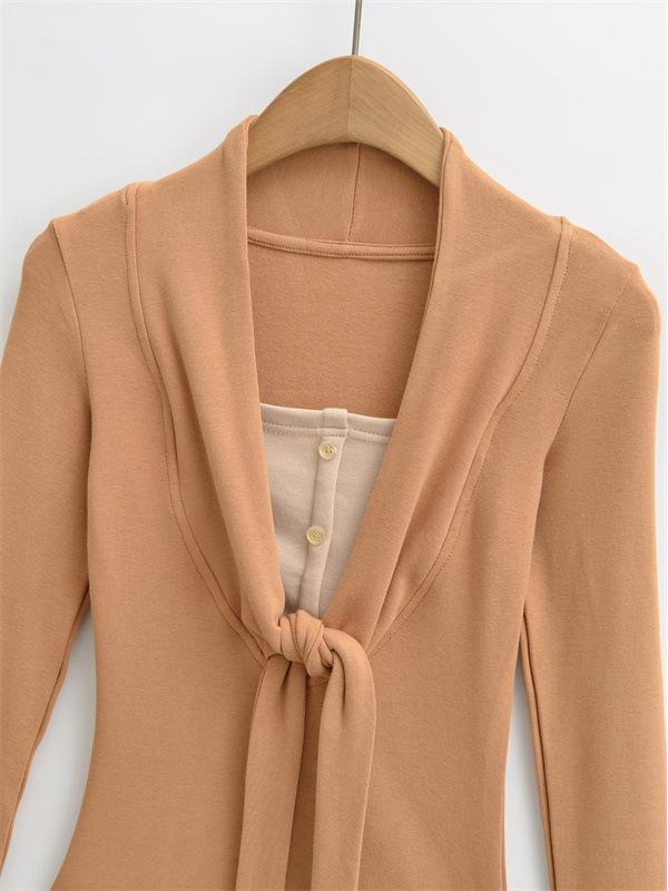 Women's Faux Cashmere Trendy Layered Long-Sleeve Tie-Up Top for Spring/Autumn