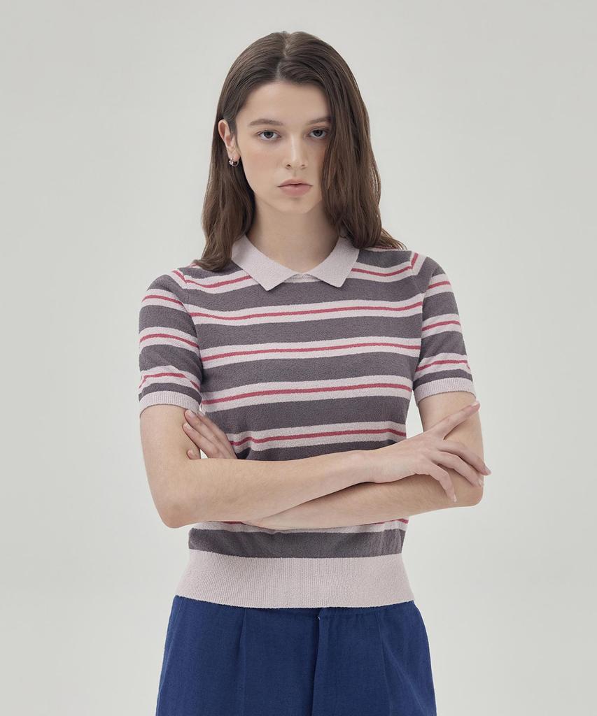 THEKNITCOMPANY Campis Cotton Striped Polo Shirt - Langueid Lavender