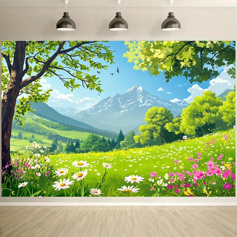 1 Piece 2D Background Cloth. Embracing Spring. Fresh Grassland and Blooming Flowers Adorn the Background Cloth.