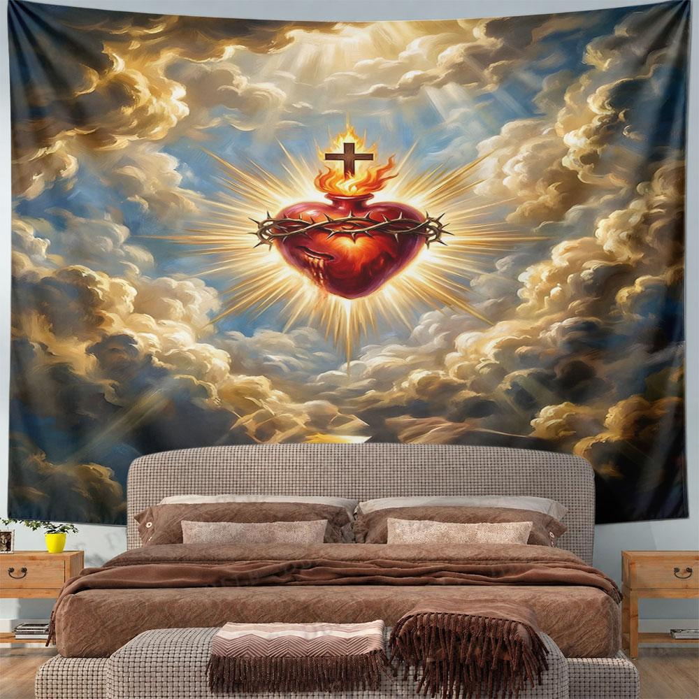 Sacred Heart In Radiant Clouds Pattern Wall Hanging Tapestry Decorative Tapestry Home Decor for Bedroom and Living Room