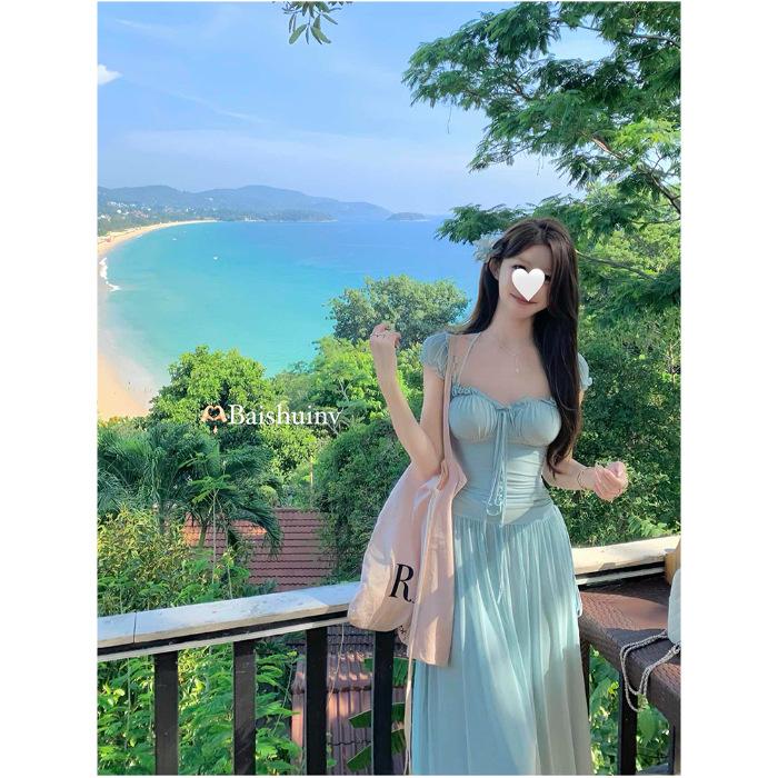 French seaside vacation style temperament waist long dress mesh design sense thin gentle square neck mint dress