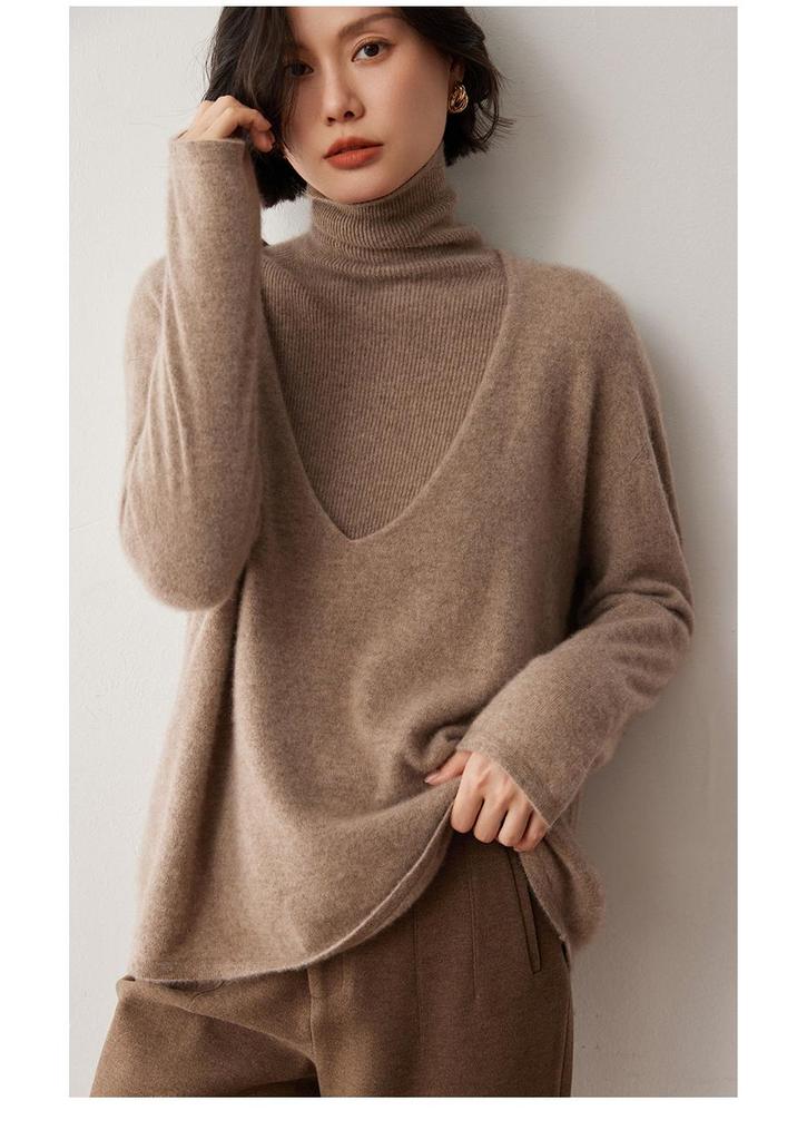 Women's Oversized V-Neck Cashmere Sweater - Retro Autumn/Winter Knitwear