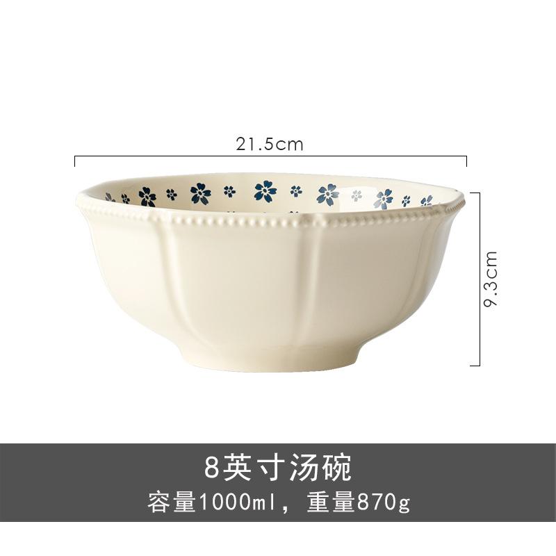 Retro Bead Point Blue Cherry Blossom Ceramic Tableware Small Fresh Household High Value Rice Bowl Vegetable Plate Niche Bowl Set