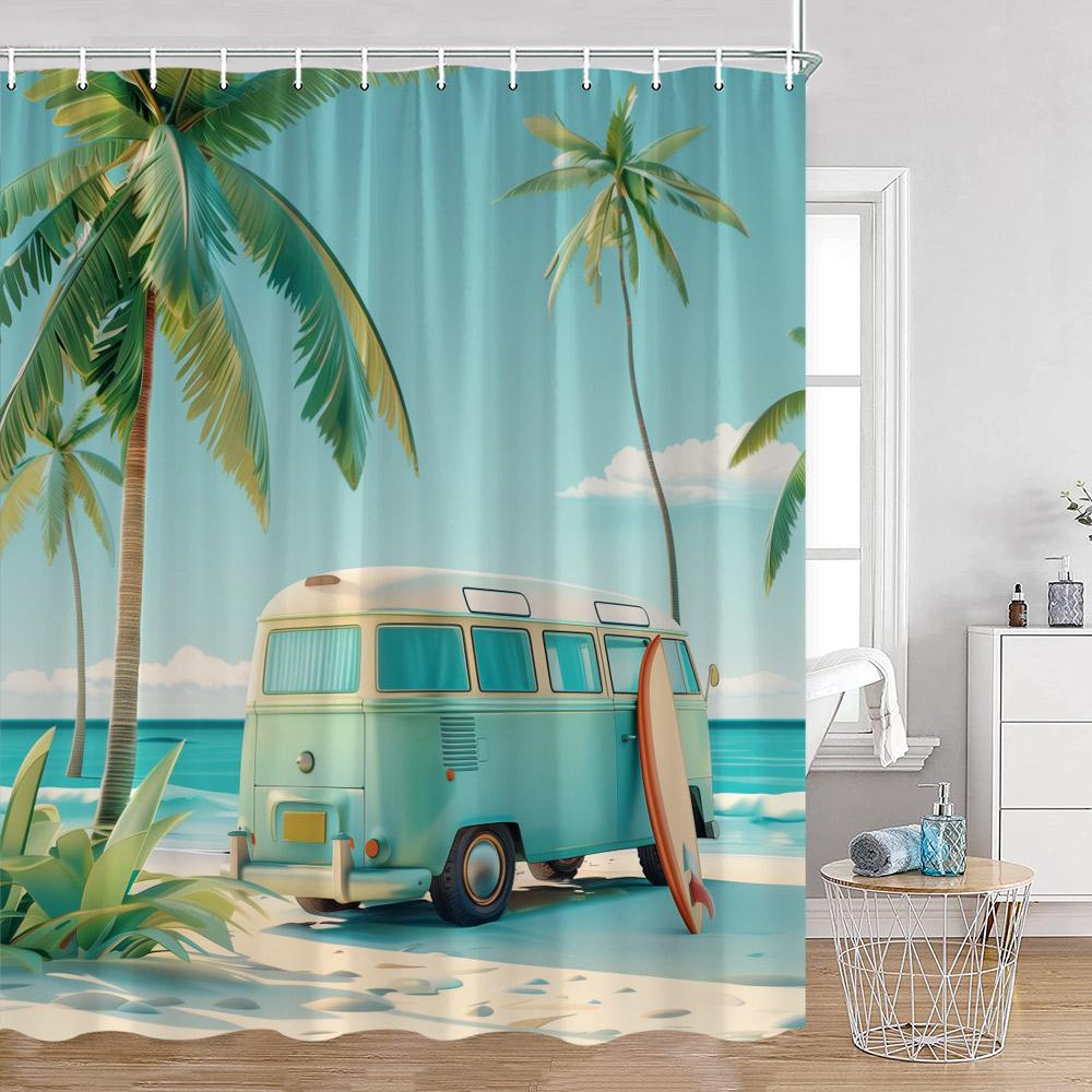 Camping Surf Duschvorhänge Sommerurlaub Reisender Wohnmobil Strand Kokospalmen Meerufer Badezimmerdekorationen Retro Badevorhänge