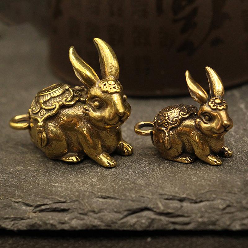 Chinese Year Antique Solid Copper Zodiac Lucky Rabbit Statue Ornament Vintage Copper Key Chain Figurine Decoration