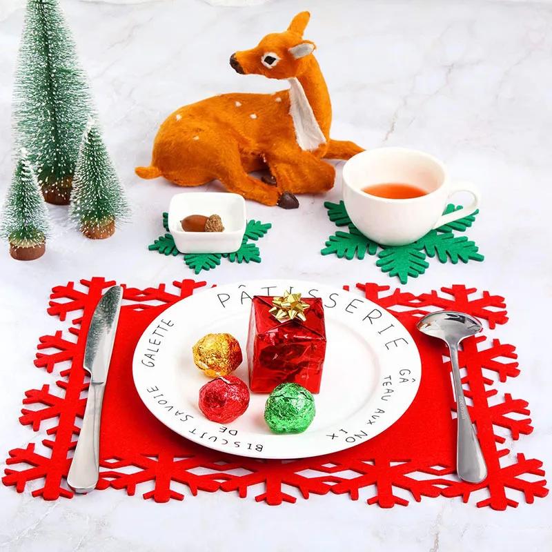 12pcs Christmas Tableware Mat Snowflake Shaped Felt Cup Mat AntiSkid Table Placemat Kitchen Food Bowl Mat Cushion for Home Table