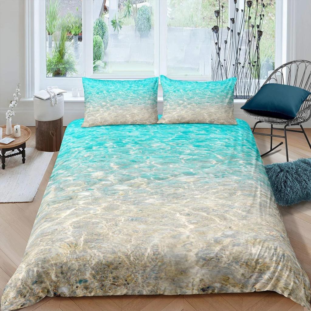 Summer Beach Duvet Cover Set Queen Ocean Bedding Set Hawaiian Palm Trees Marine Life Sea Waves Fish Printed Comforter Cover Set