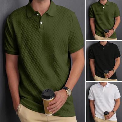 Men Tops Lapel Short Sleeve Solid Color Tee Shirt with Jacquard Decoration Jacquard Fabric Solid Color Tops