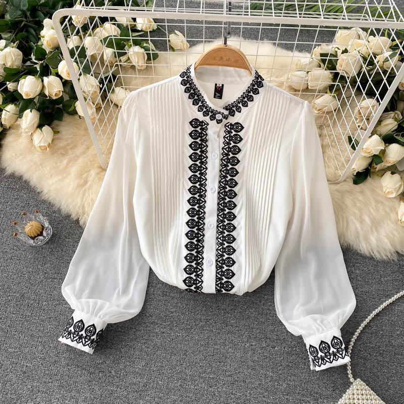 

Женская блузка RUGOD Temperament, винтажная рубашка Blusas с длинными рукавами и вышивкой, женская универсальная шифоновая туника со складками, мода 2022 M чёрный