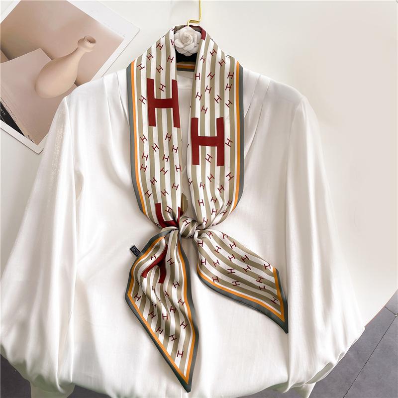 Fashion Double-layer Simulated Silk Women's Headscarf, Spring and Autumn Thin Streamer Bevel Scarf Temperament Small Silk Scarf Decorative Scarf Thin