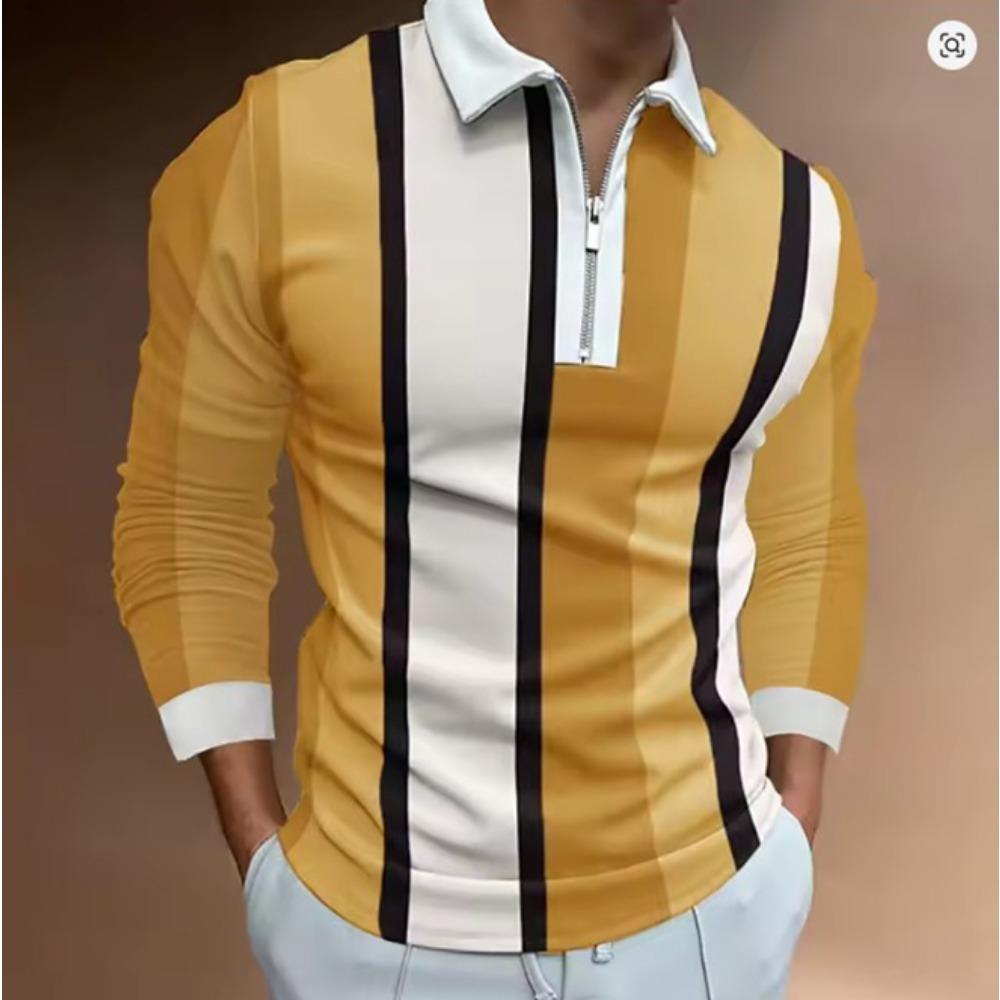 Men's 3D Stripe Printed Zipper Polo Shirt Long Sleeve Spring and Autumn Wear Trendy Brand Three-dimensional Pattern Casual Top