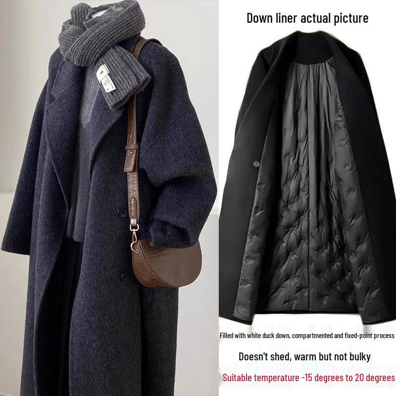 Women's Hepburn Wool Coat Mid-Length Thickened Duck Down Autumn Winter Overcoat
