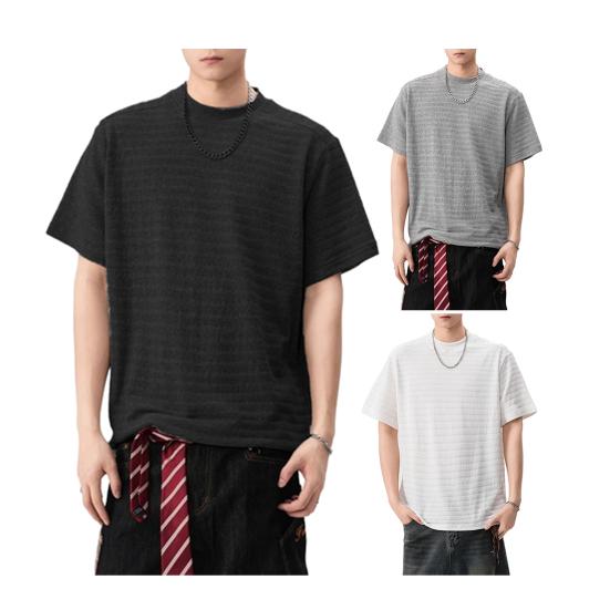 Men T-shirt Round Neck Short Sleeve 3D Striped Jacquard Design Tee Shirt