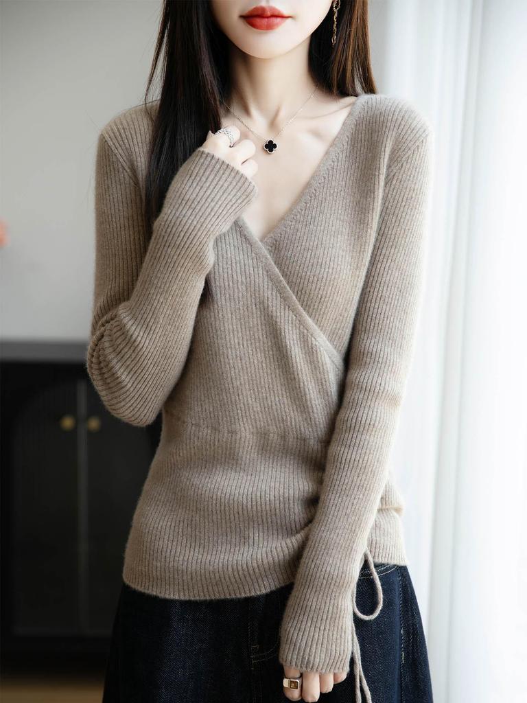 Women's Elegant V-Neck Wool Sweater: Autumn/Winter Fashion Long Sleeve Knitwear with Drawstring.