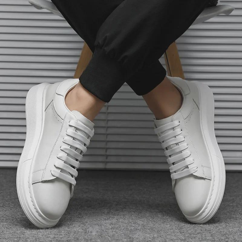 Lei Jun Style Men's White Leather Height-Enhancing Sneakers - Versatile Thick-Soled Business Shoes