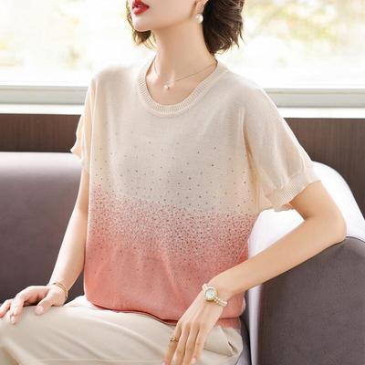 Qianlian Women's Summer Gradient Rhinestone Knit T-Shirt