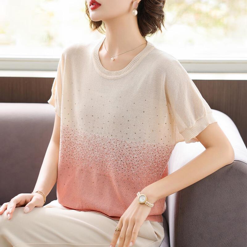 Qianlian Women's Summer Gradient Rhinestone Knit T-Shirt