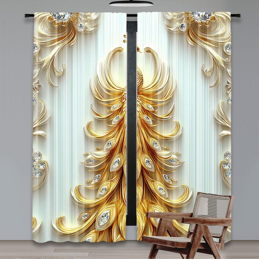 2Pcs Beautiful Golden Peacock Printed Curtains Design Suitable For Bedroom Kitchen Dining Room Living Room Study Office Bathroom