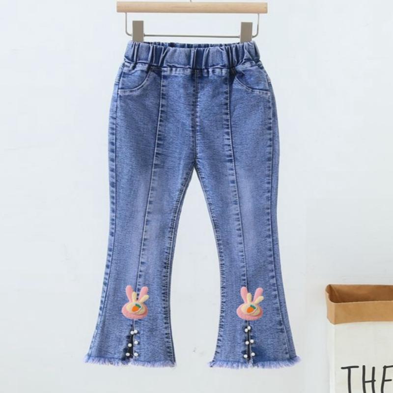 Spring and Autumn New Girls Denim Trousers Elastic Printed Denim Trendy Children's Trousers Single Trousers