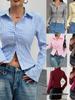 European and American V-Neck Striped Long-Sleeve Casual Shirt