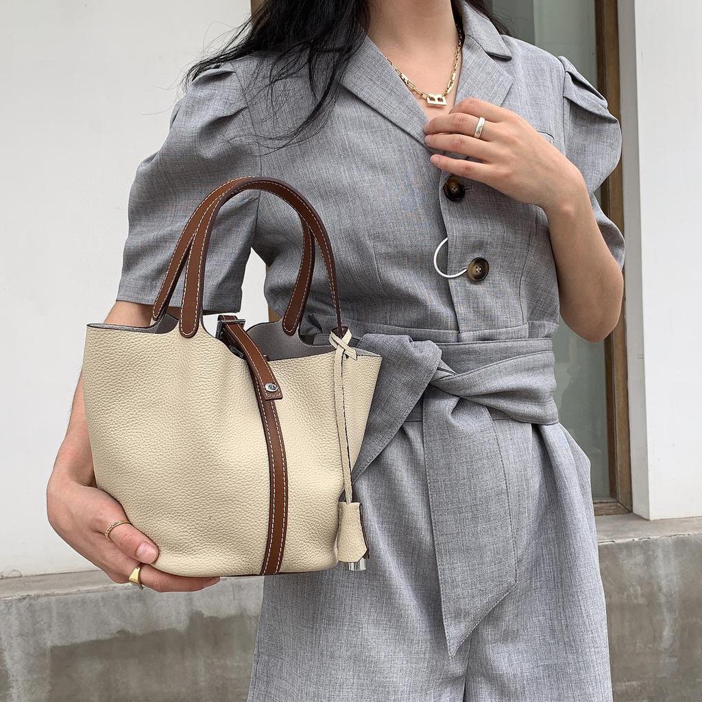 Damenhandtasche Togo-Leder Farbabstimmung Gemüsekorb Große Kapazität Handtasche Rindsleder Litschi-Muster Tasche Damen Kontrastfarbe Handtasche