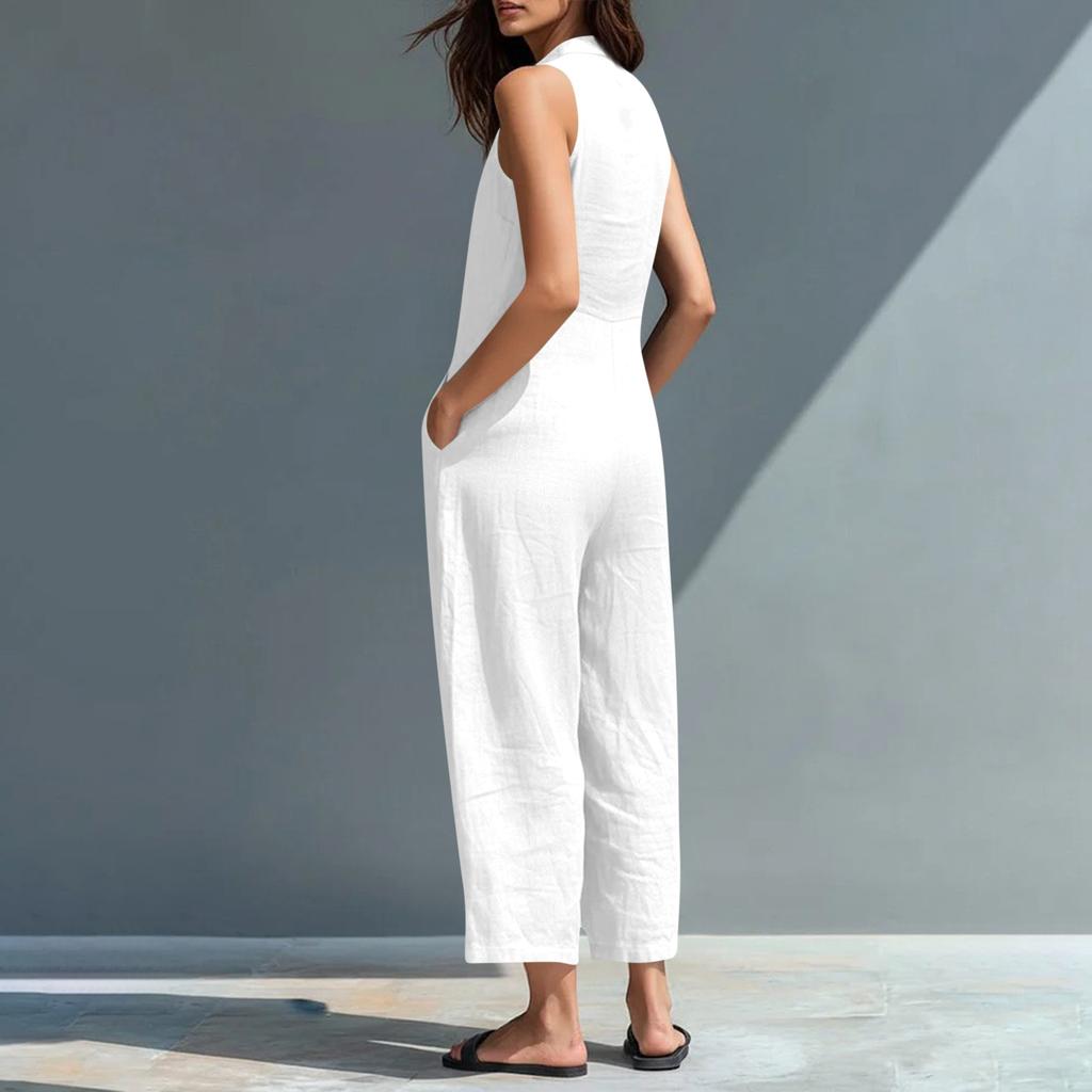 Modischer und lässiger ärmelloser Jumpsuit für Damen mit Knopfleiste, V-Ausschnitt und Taschen