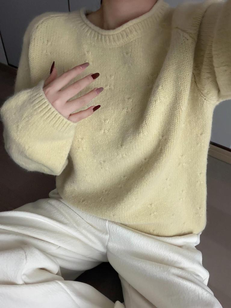 Jacquard Sweater - Small Rolled Edge, Round Neck, Loose and Slimming Korean Style Casual Top