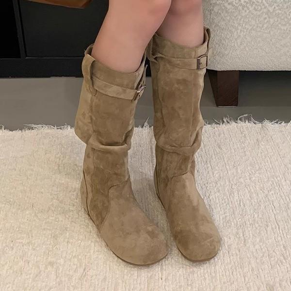 Sheepskin Version Retro High Tube Inner Height Increase Boots Women's Autumn and Winter Two Wear Pile Boots Flat Western Cowboy Boots Knight Boots